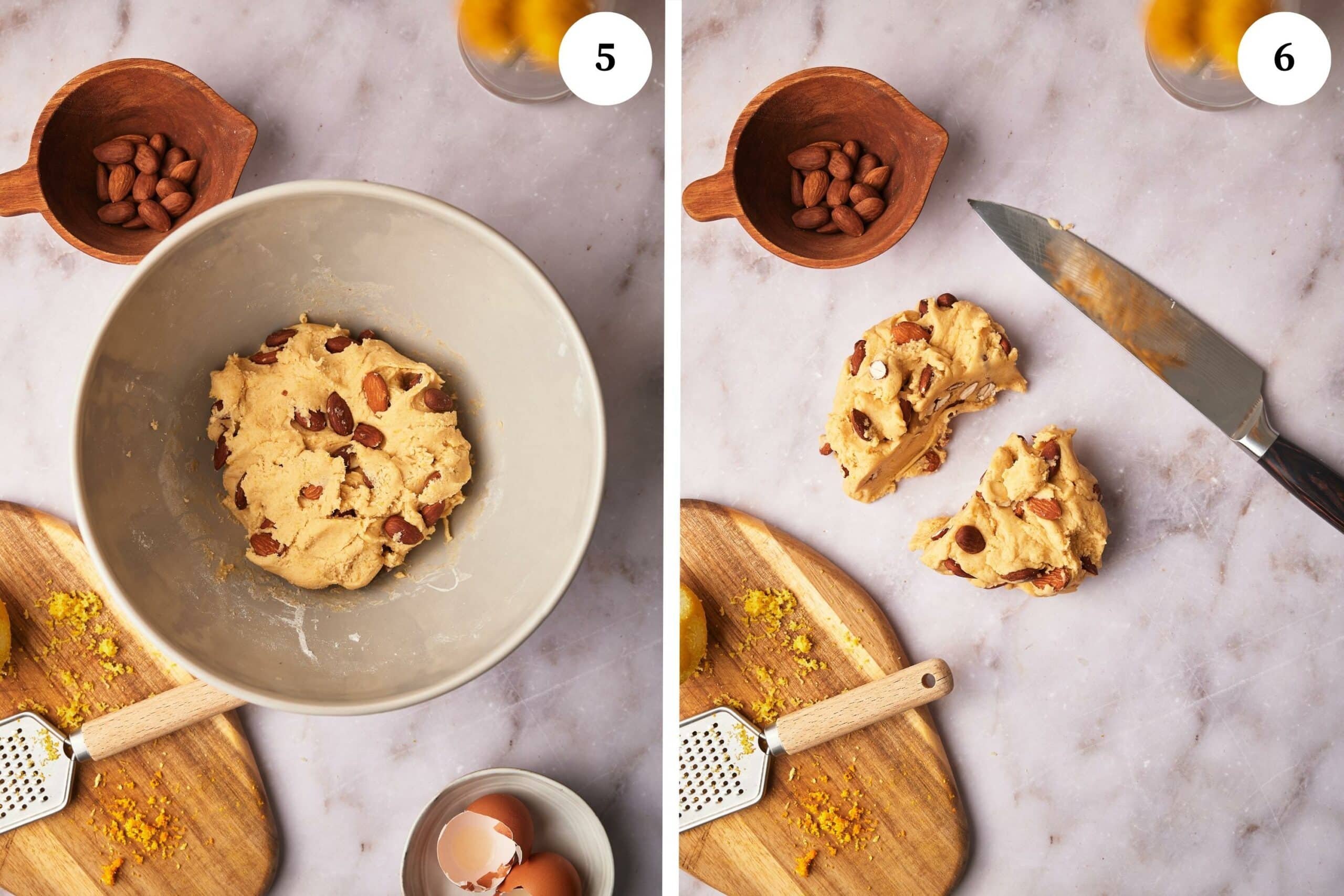 add the almonds to the dough to make the biscotti recipe