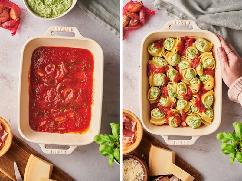 Spread two ladles of the tomato sauce on the bottom of a large oven-safe baking pan or casserole dish.Stuff shells with the ricotta filling one by one and place them filling side up in the casserole dish.