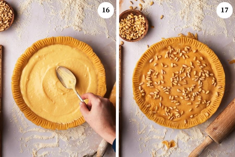 pictures of the process of making torta della nonna, spread the pastry cream on top of the pastra frolla, cover the tart with and add pine nuts on top