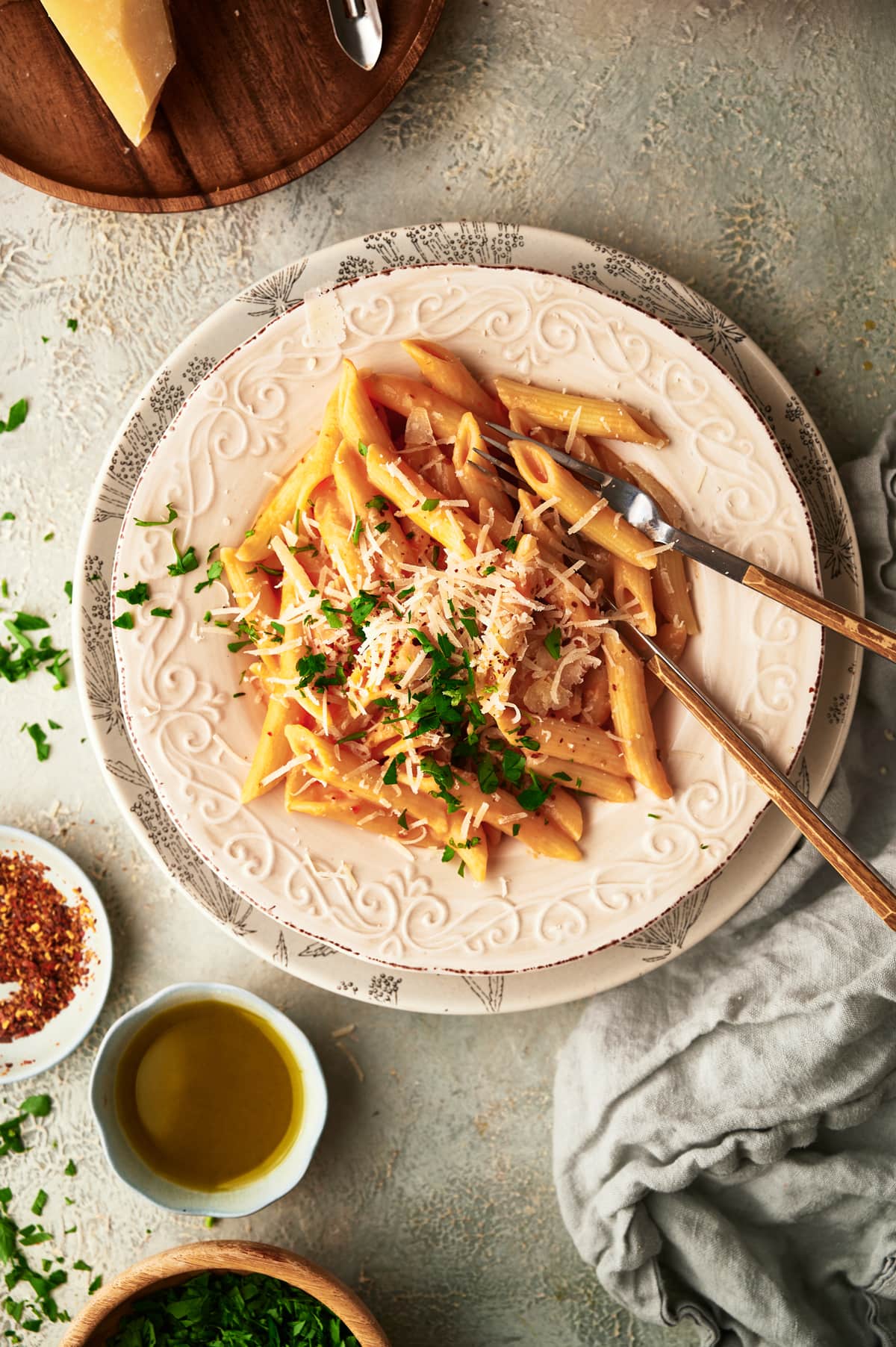 close image of dish with pasta alla vodfka sauce