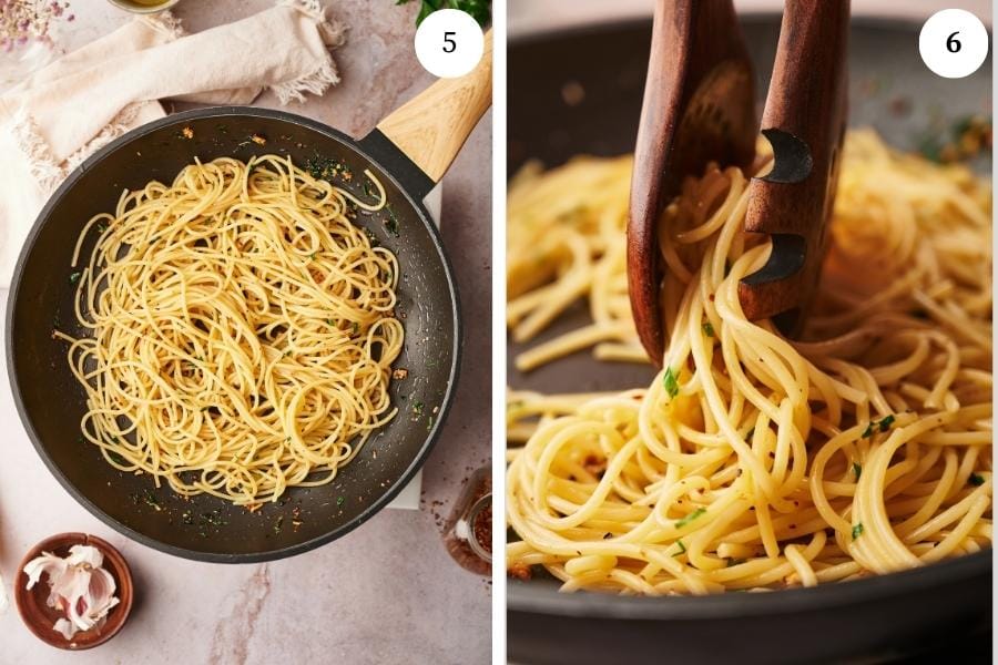 process for making spaghetti aglio e olio with a frying pan with garlic and pepper flakes and spaghetti in it