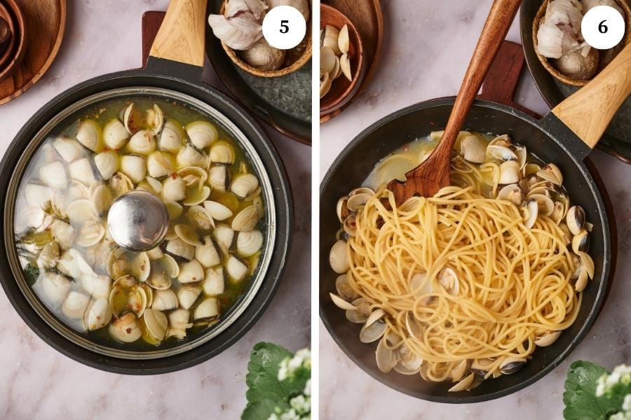 step by step process for making spaghetti alle vongole, cook the clams and toss the pasta in the pan