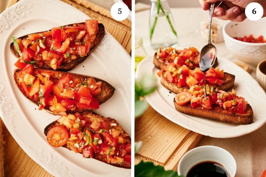 process of making bruschetta recipe, place the tomato mixture on top of the toasted bread and drizzle with balsamic vinegar