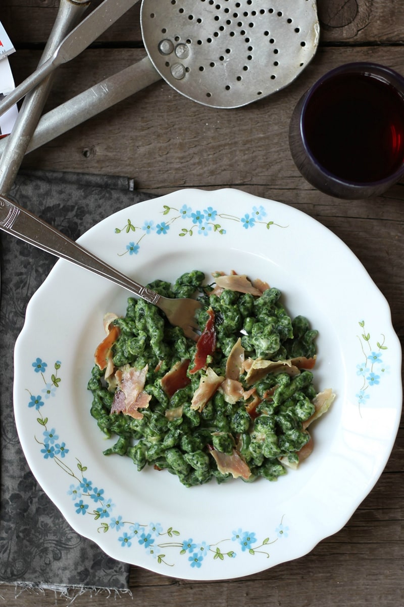 Spinach Spaetzle with Cream and Speck Sauce
