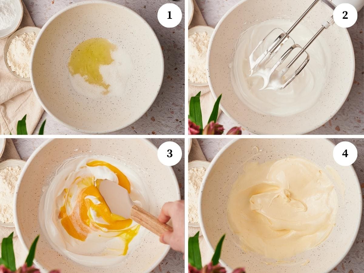 picture of step by step process for making ladyfingers at home, beat the egg whites until form stiff add the egg yolk mixture and fold it in the egg white mixture