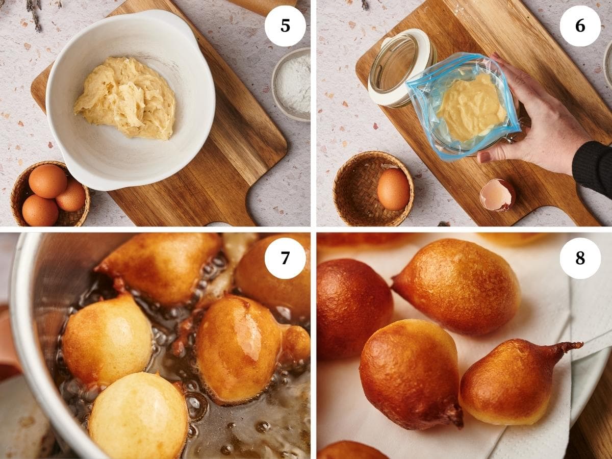 images showing step by step process for making zeppole: add the dough to a bowl, combine the eggs, add the mixture in a ziplock bag, fry them.