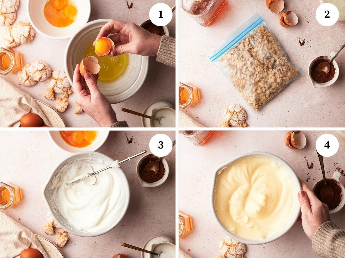 four photos showing the step by step process for making bonet: separating the whites from the yolks, breaking the amaretti cookies, mounting the egg whites and adding the yolks.