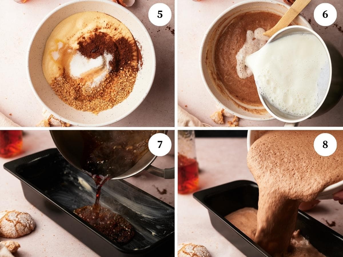 four pictures showing the process of making bonet, mixing the ingredients, adding the milk, the caramel and the main mixture