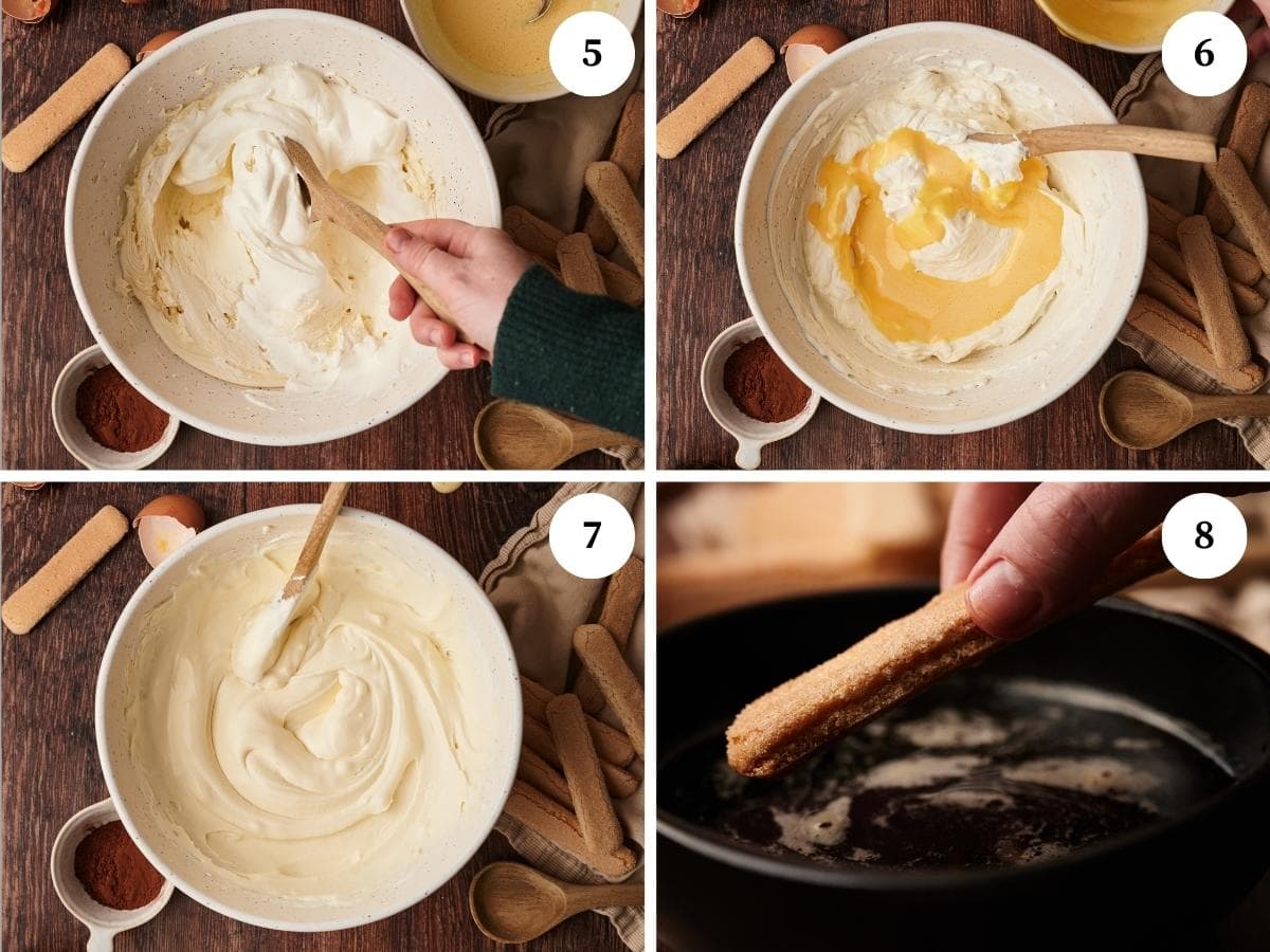 step-by-step process for making tiramisu cake: fold the cream into the mascarpone mixture and the egg yolk, soak the ladyfingers cookies.
