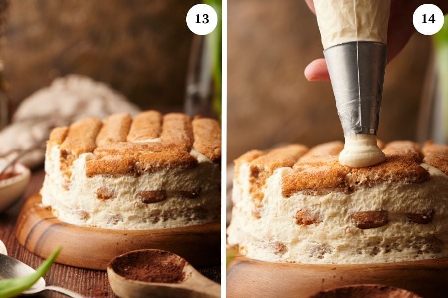 step-by-step process for making tiramisu cake: remove the cake pan from the fridge and from the cake pan.