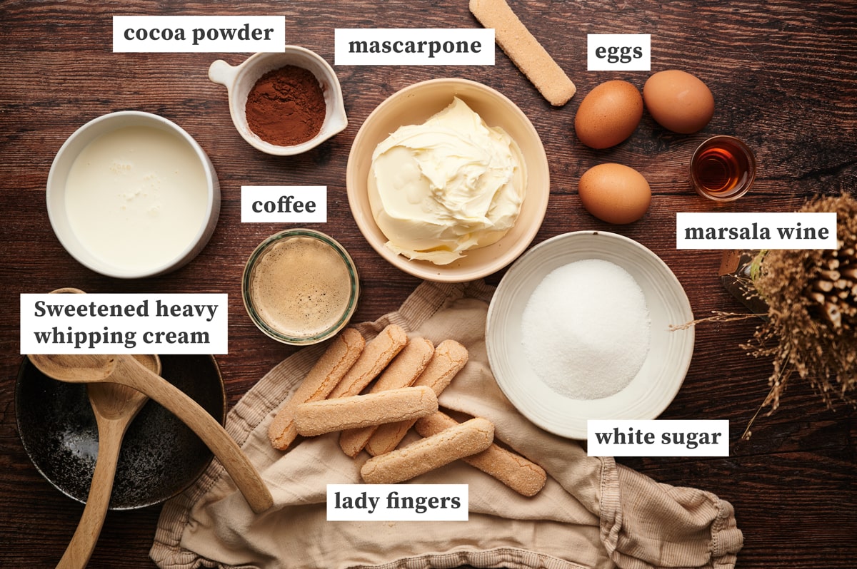 ingredients for tiramisu cake recipe on a table