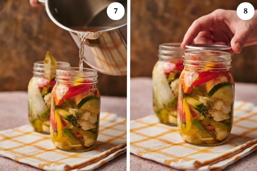 steps for making homemade giardiniera, pour in the cooking liquid vinegar solution until it is 1 cm from the rim and fully covers all vegetables.