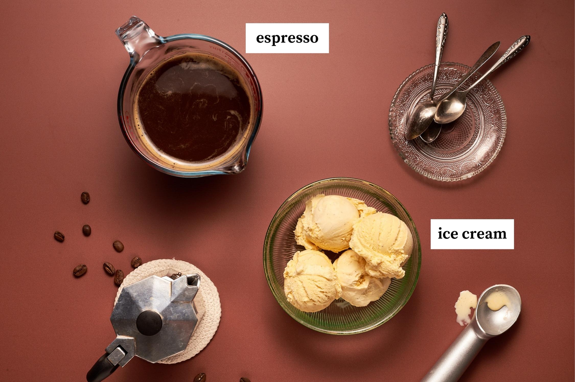 ingredients for affogato al caffe on a table, espresso coffee and vanilla ice cream