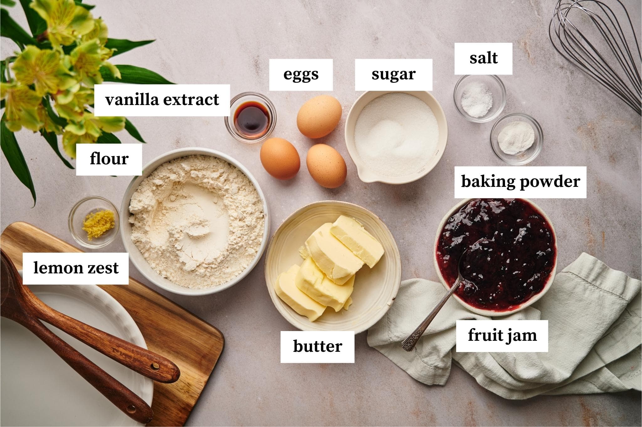 ingredients for homemade Italian crostata recipe prepared on a table