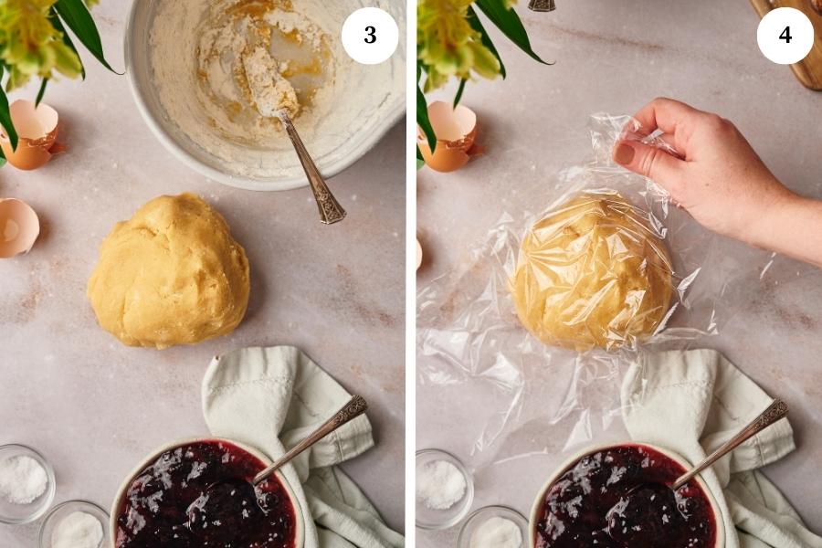 Step by step instructions for making italian crostata recipe, form a ball and wrap it with plastic wrap an put in the fridge for at least 2 hours.