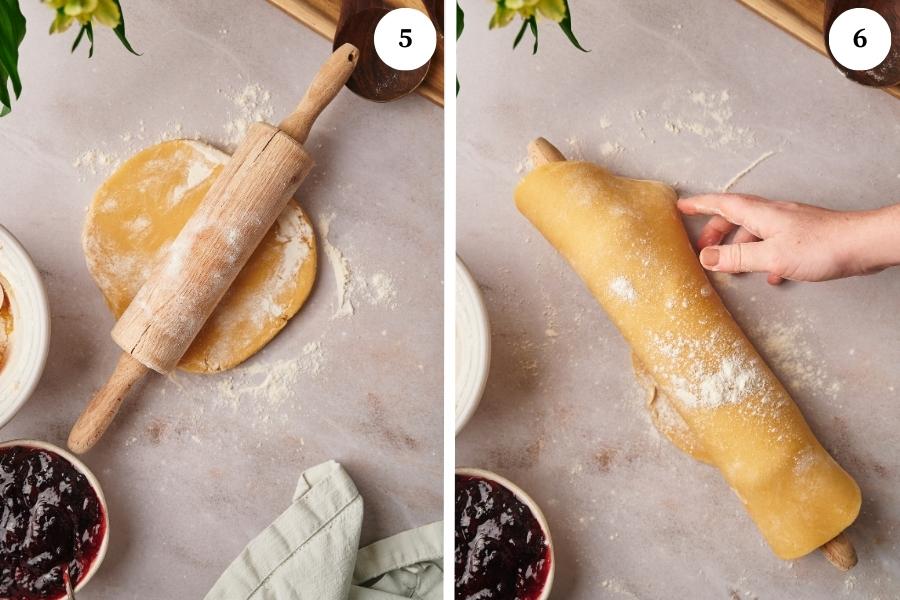 Step by step instructions for making italian crostata recipe, roll the dough on a floured surface with a rolling pin until is 1/6 in thick. Then roll it on the rolling pin.