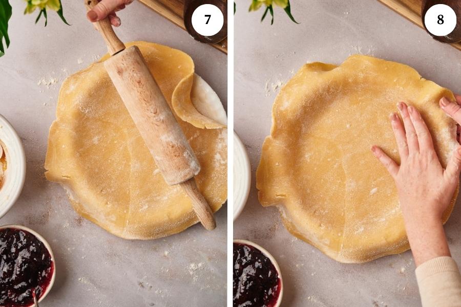 Step by step instructions for making italian crostata recipe, place the crostata dough on the tart pan, then press with your fingers to adhere to the pan.