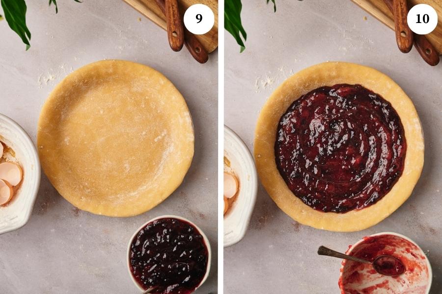 Step by step instructions for making italian crostata recipe, cut the extra dough and pour the jam on the pan