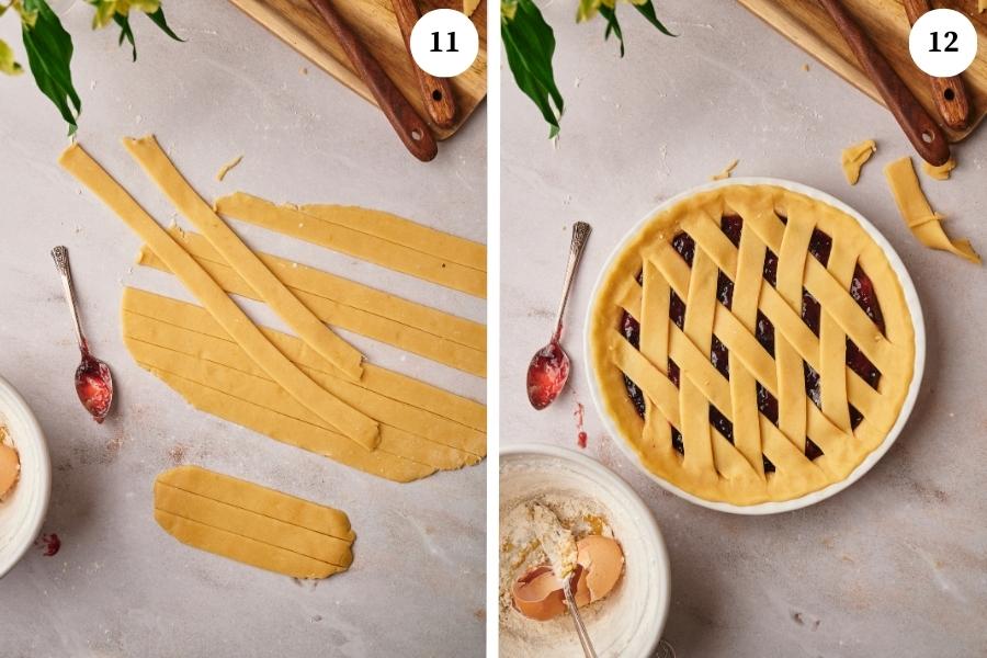 Step by step instructions for making italian crostata recipe. With the rest of the dough, form a ball then roll it with the rolling pin and cut horizontal strips of 1 inch wide. Then place it on the tart criss crossing each other forming a net.