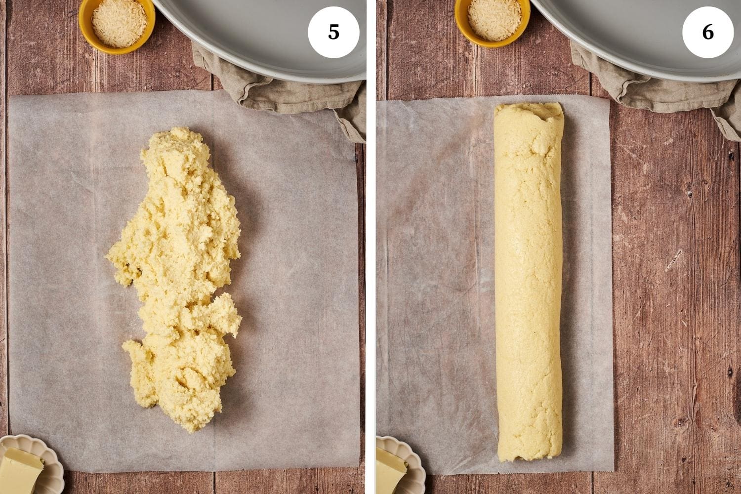 process to make semolina flour sausage roll for gnocchi alla romana.