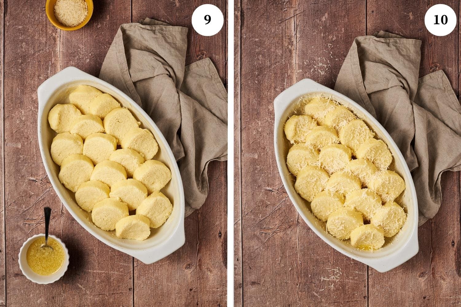 place the semolina gnocchi alla romana discs in a buttered dish and sprinkle pecorino cheese on top