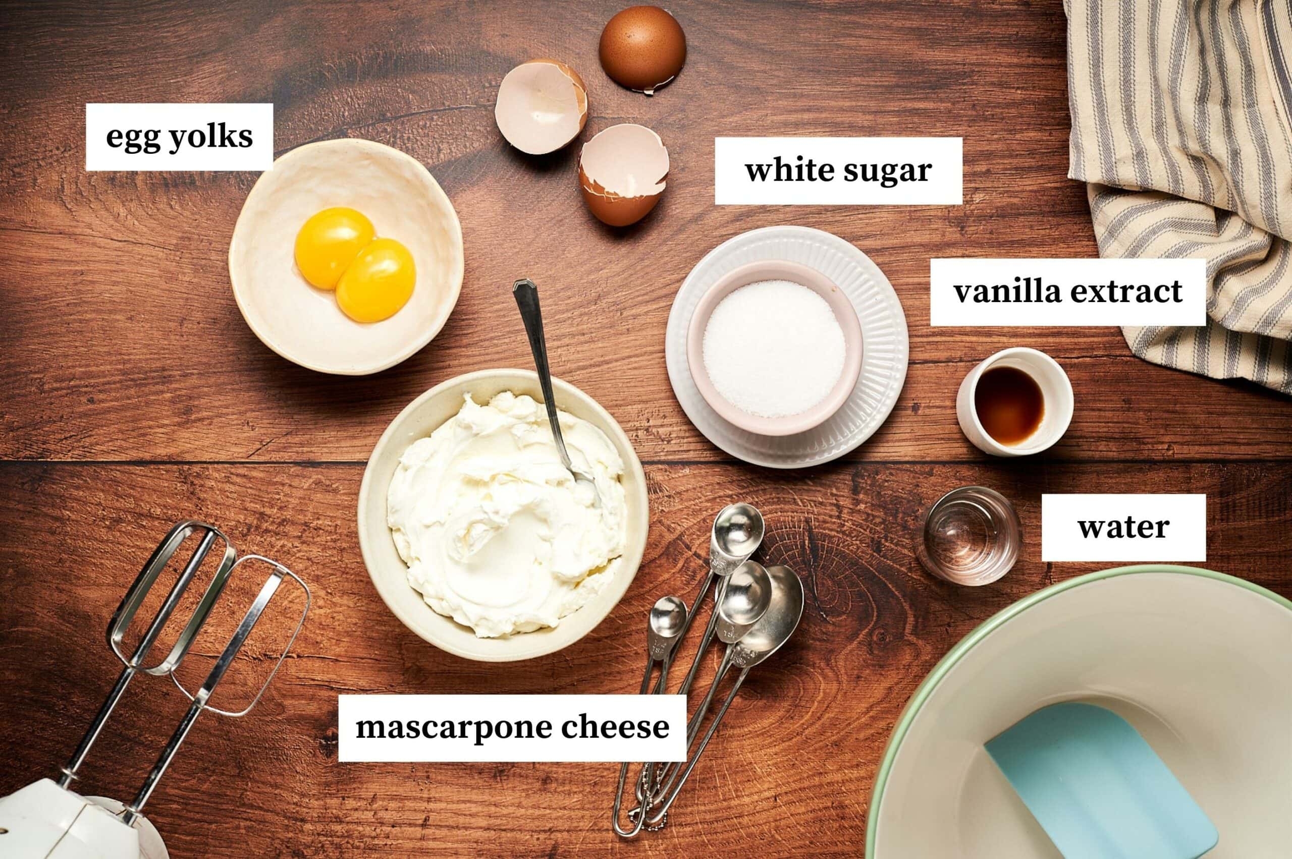 ingredients for making mascarpone cream on a table