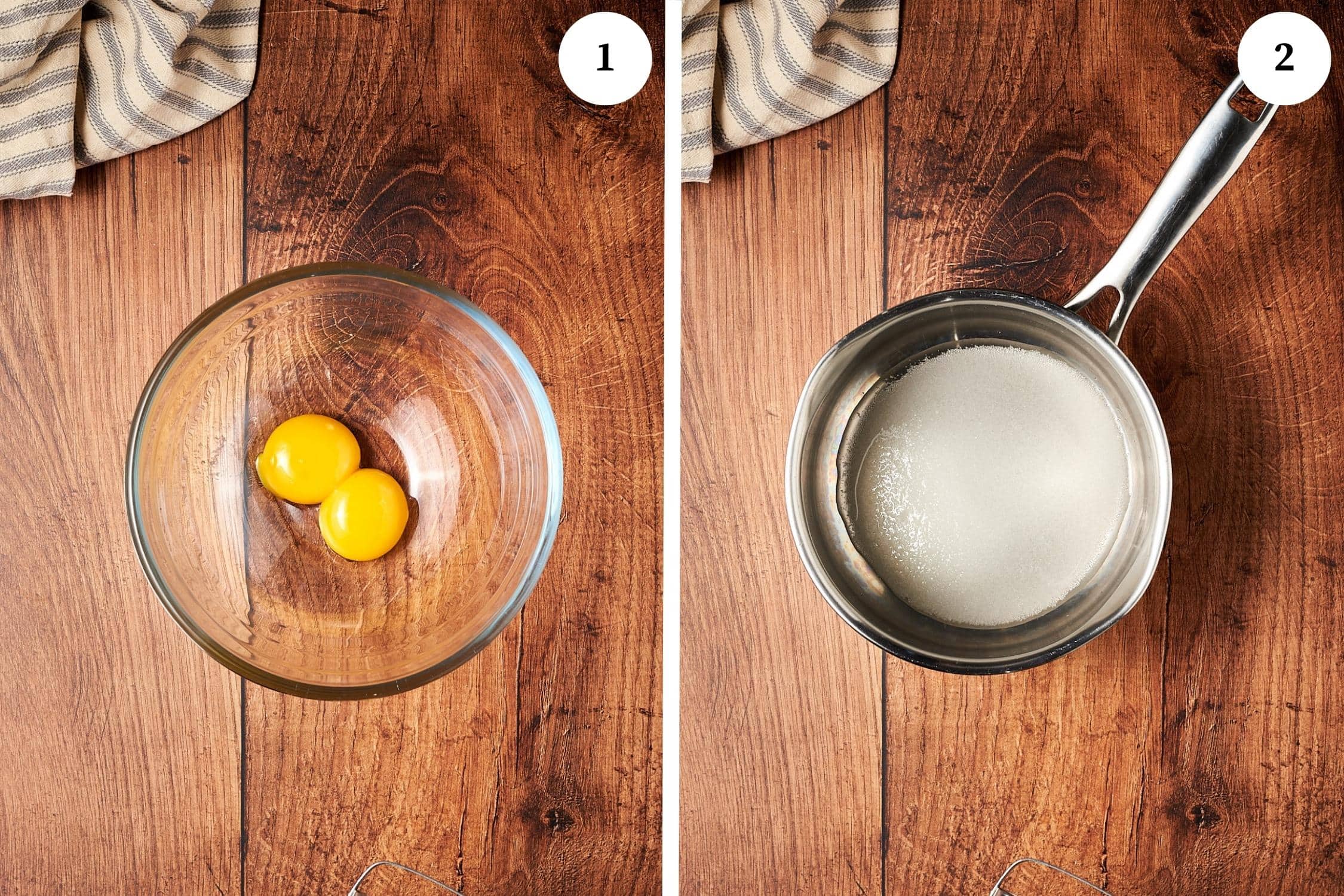 Step by step pictures for italian mascarpone cream: separate the egg yolks, in a pan dissolve the sugar in water