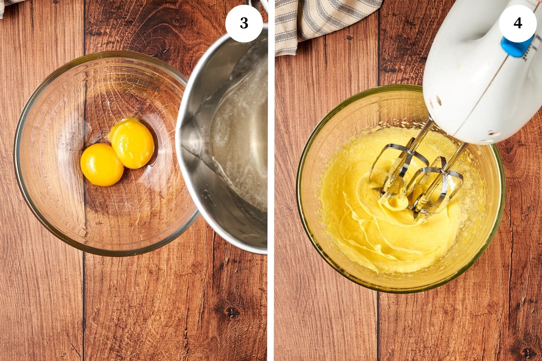 steps for making italian mascarpone cream: pour the dissolved sugar with the egg yolks, then beat the eggs for 5 minutes