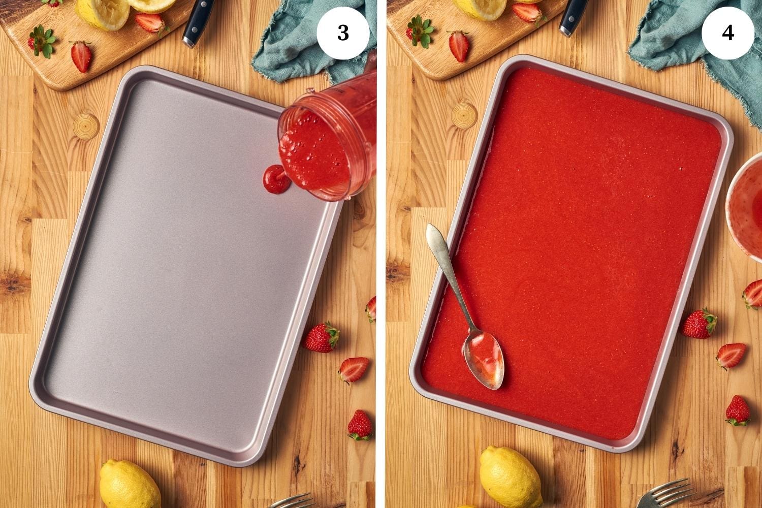 granita making process step by step, pour the blended liquid on a metal sheet pan and cover the pan throughout