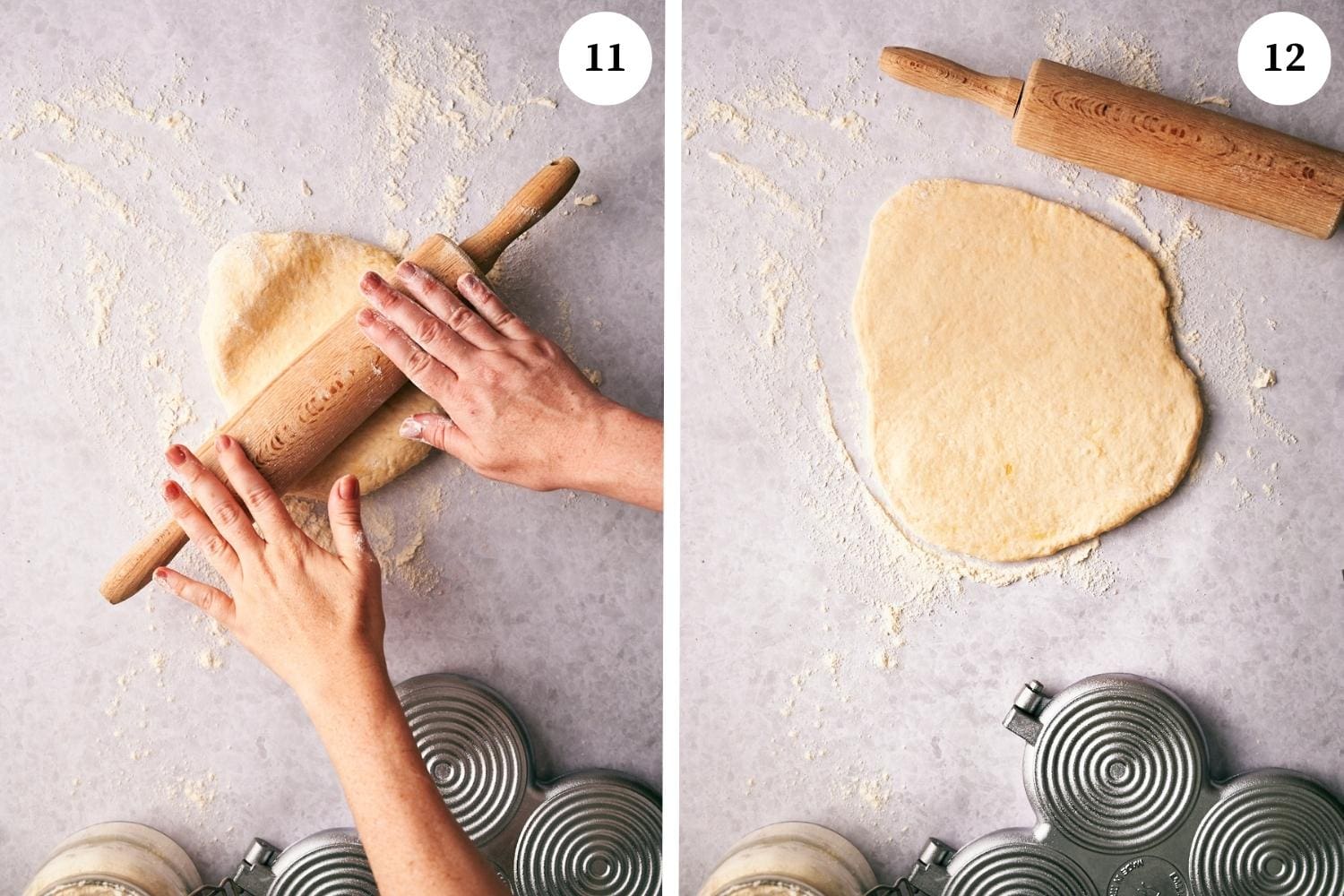 Process of making Tigelle Foccaccine Bread: Use a rolling pin (with a little flour on it) to roll out until the dough is 8 mm thick. 