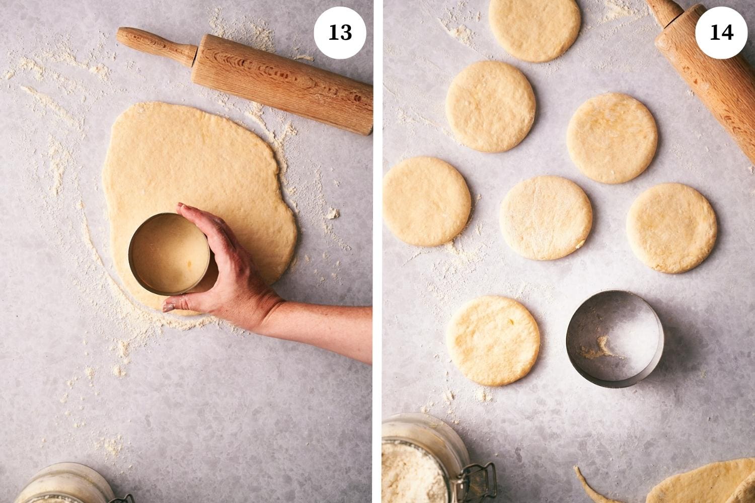 Process of making Tigelle Foccaccine Bread:  Use a round cookie cutter or the top of a round drinking glass that is 10 cm across to cut out the round tigelle shapes. 