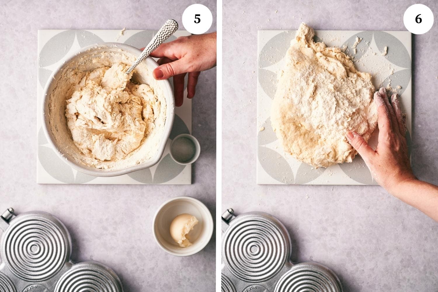 Process of making Tigelle Foccaccine Bread: Add the room temperature soft lard or shortening and salt and mix together.