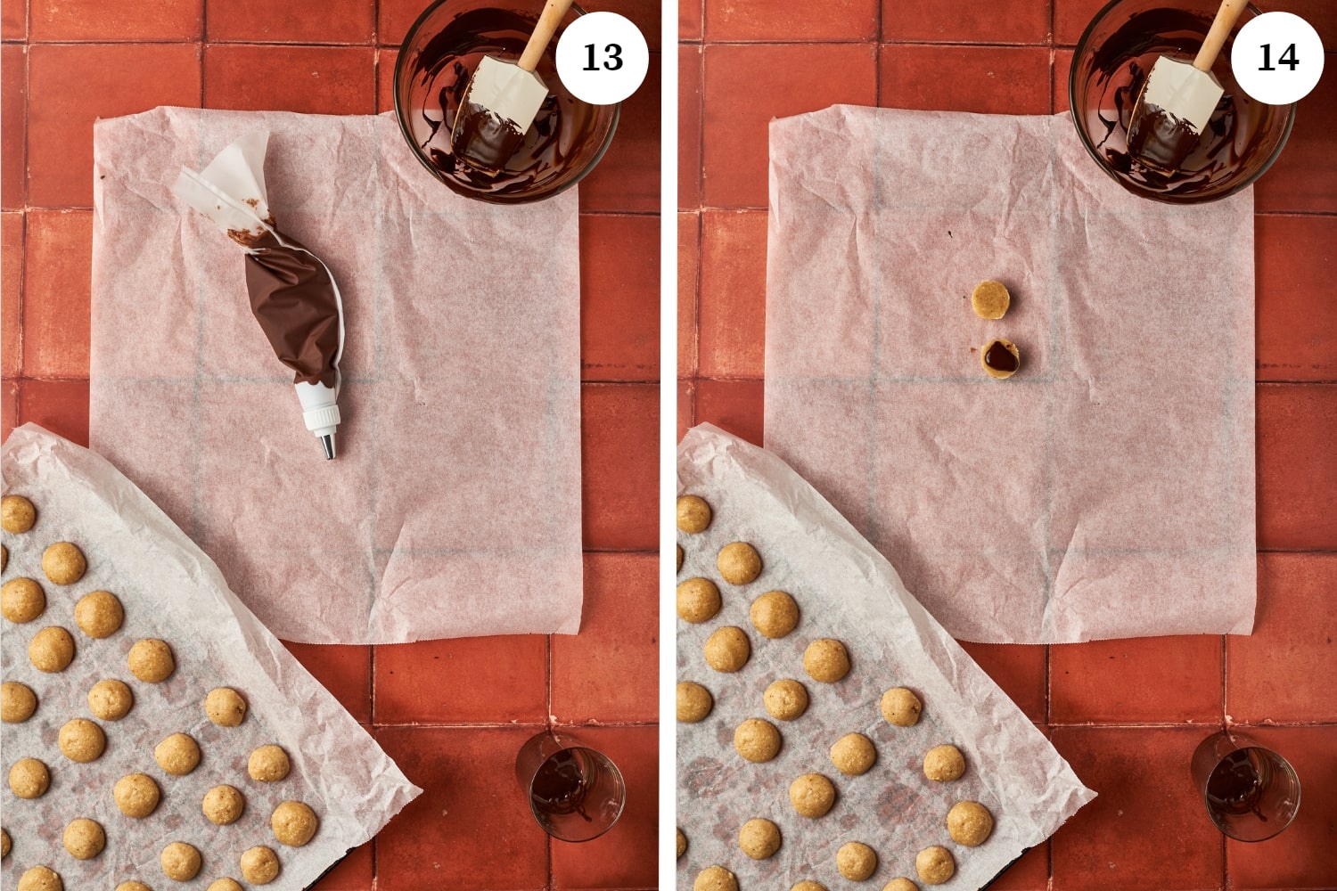first photo is a piping bag with chocolate inside on top of a parchment paper beside a tray of cookies and a bowl of melted chocolate. second photo is a cookie with a dallop of melted chocolate on top of a parchment paper next to a pan of cookies and bowl of melted chocolate.