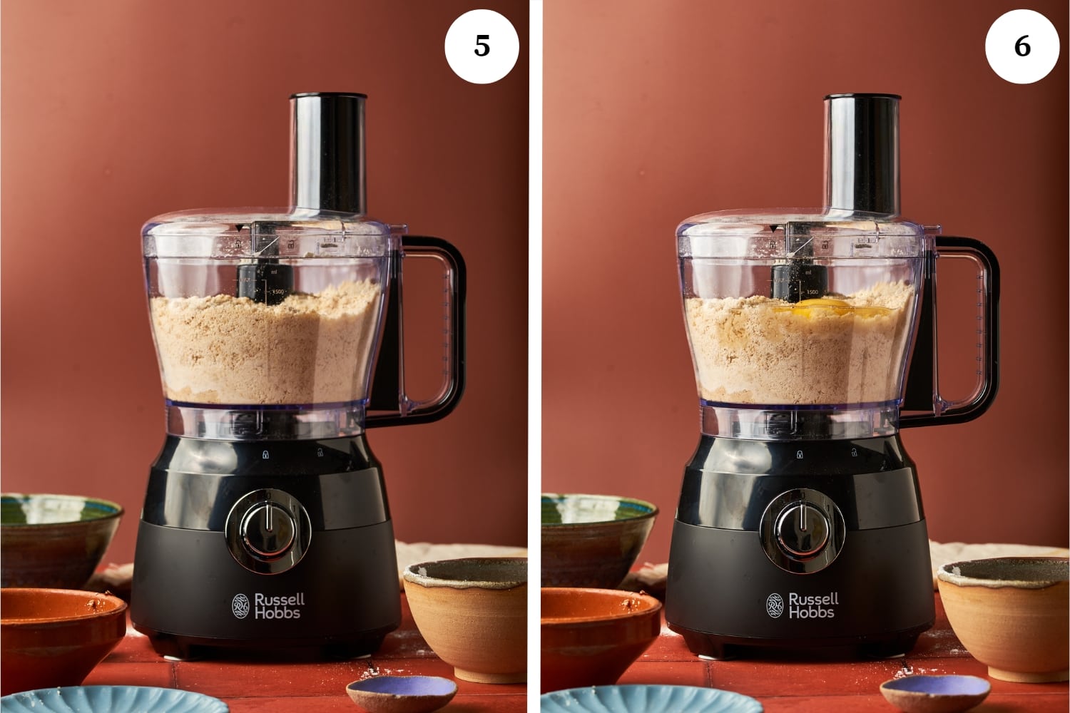 photo 1 is a food processor with ground ingredients. photo 2 is a mix of ground ingredients with egg added in a food processor