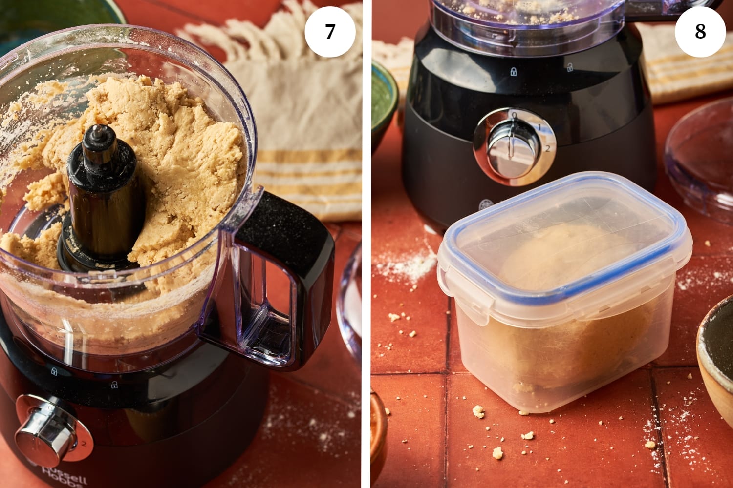 first photo is a sticky dough inside a food processor. second photo is a dough rolled into a ball inside a closed container beside a food processor.