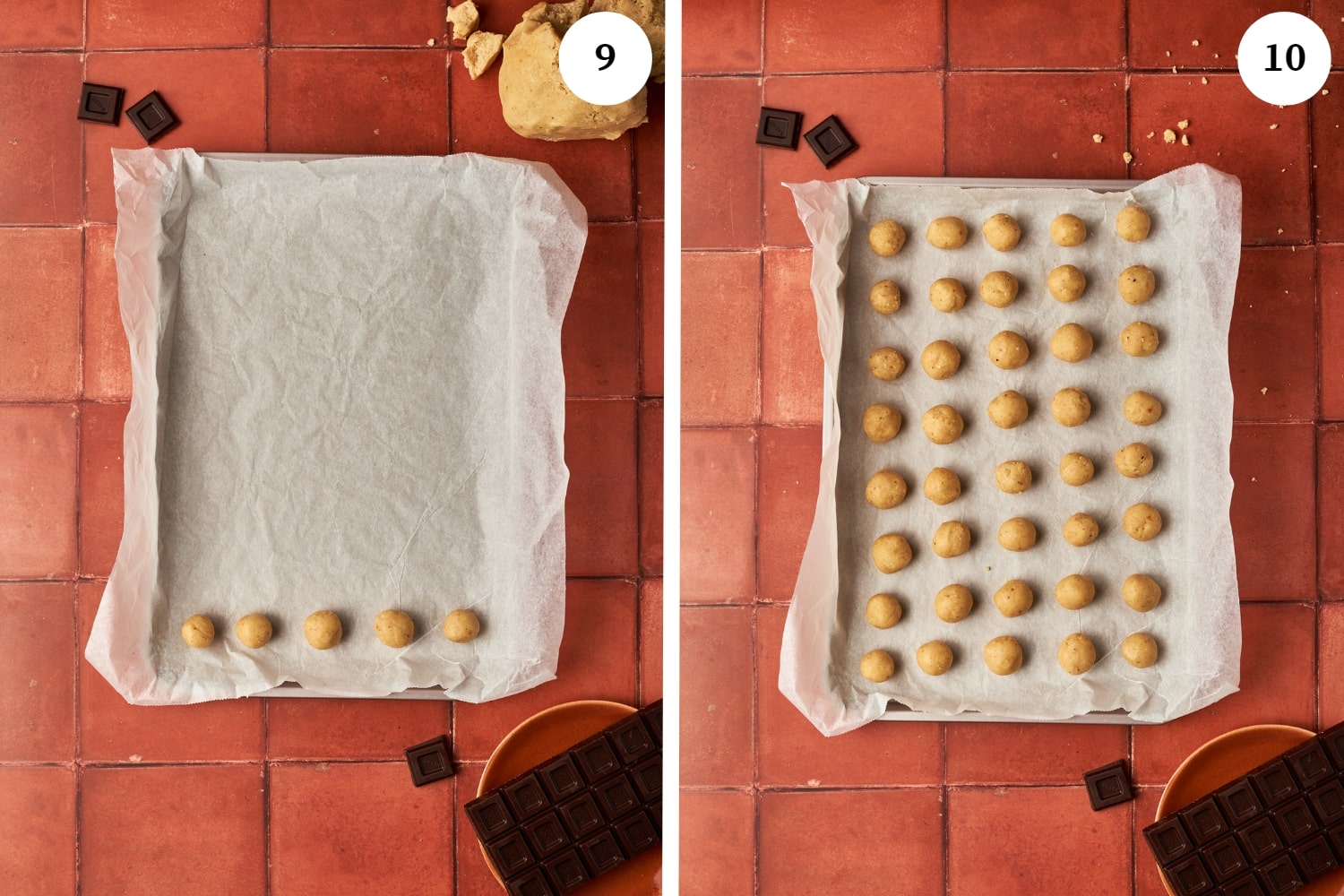 small balls of dough lined in a baking sheet with parchment paper.