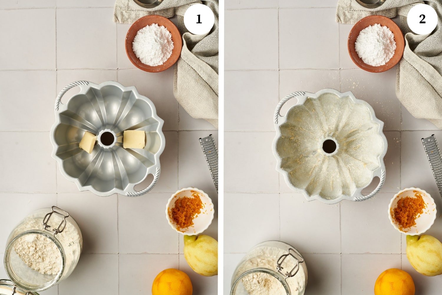 first photo is a bundt pan with 2 cubes of butter inside. second photo is a bundt pan dusted with flour. both photos have a bowl of powdered sugar, prange zest, zester, and a jar of flour around the pan.