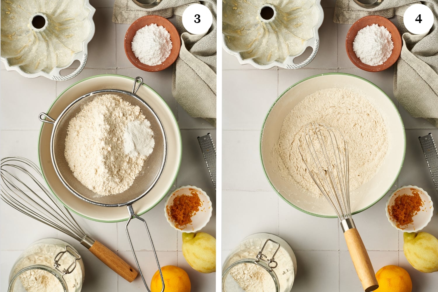 first photo is a sifter with flour inside on top of a bowl. other photo is a bowl of flour with a whisk. both photos have a bundt pan, bowl of powdered sugar, jar of flour, orange zest, an orange and a lemon, and a zester around the bowl of flour.