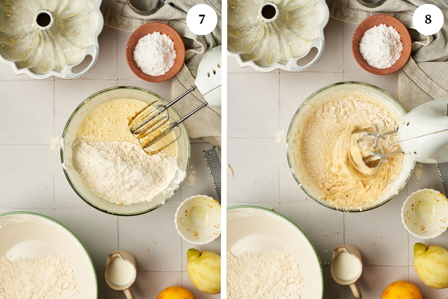 first photo is a bowl of batter with flour dumped at the top. next photo is beating the batter with an electric mixer.