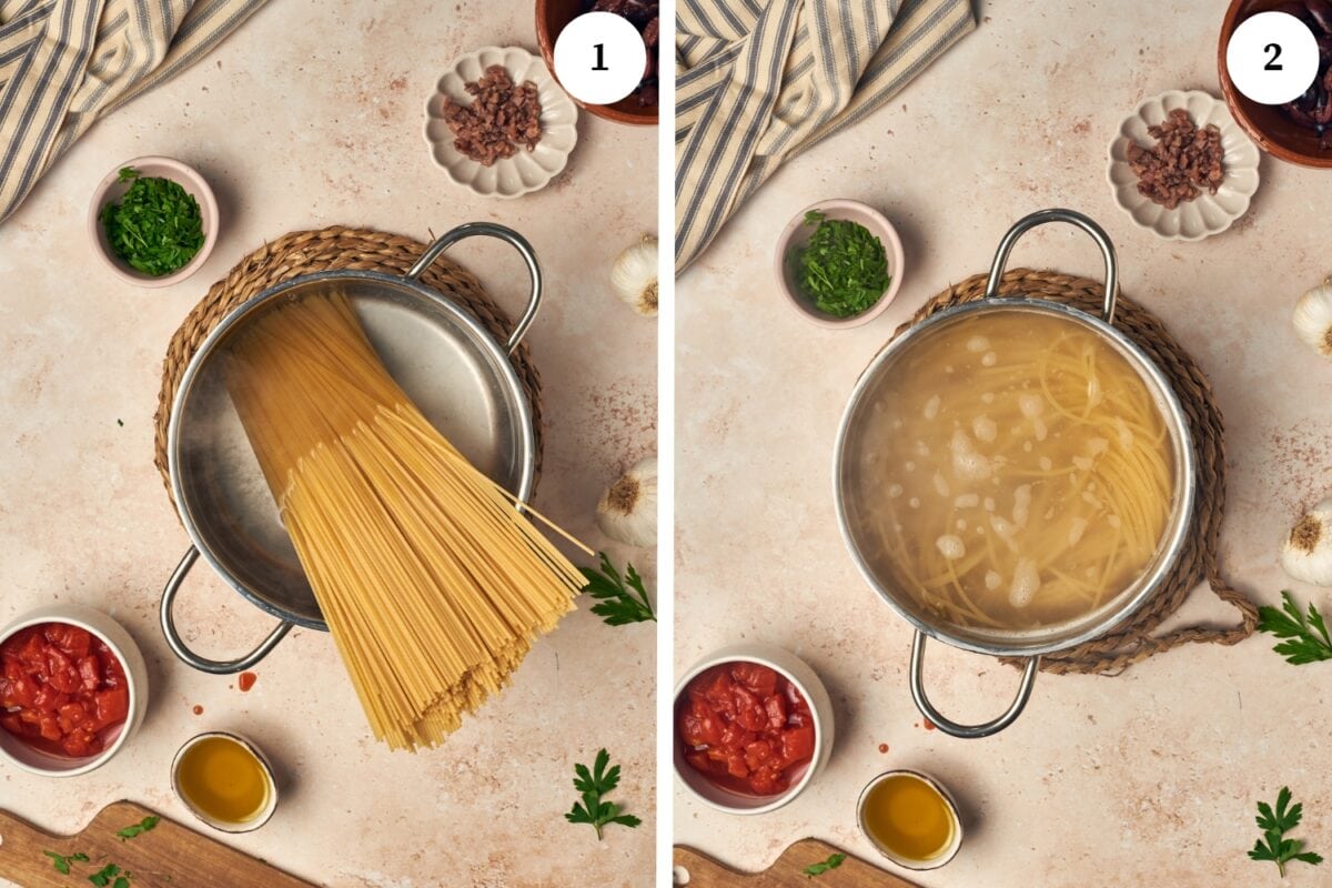 step by step process for making pasta puttanesca: cook the spaghetti