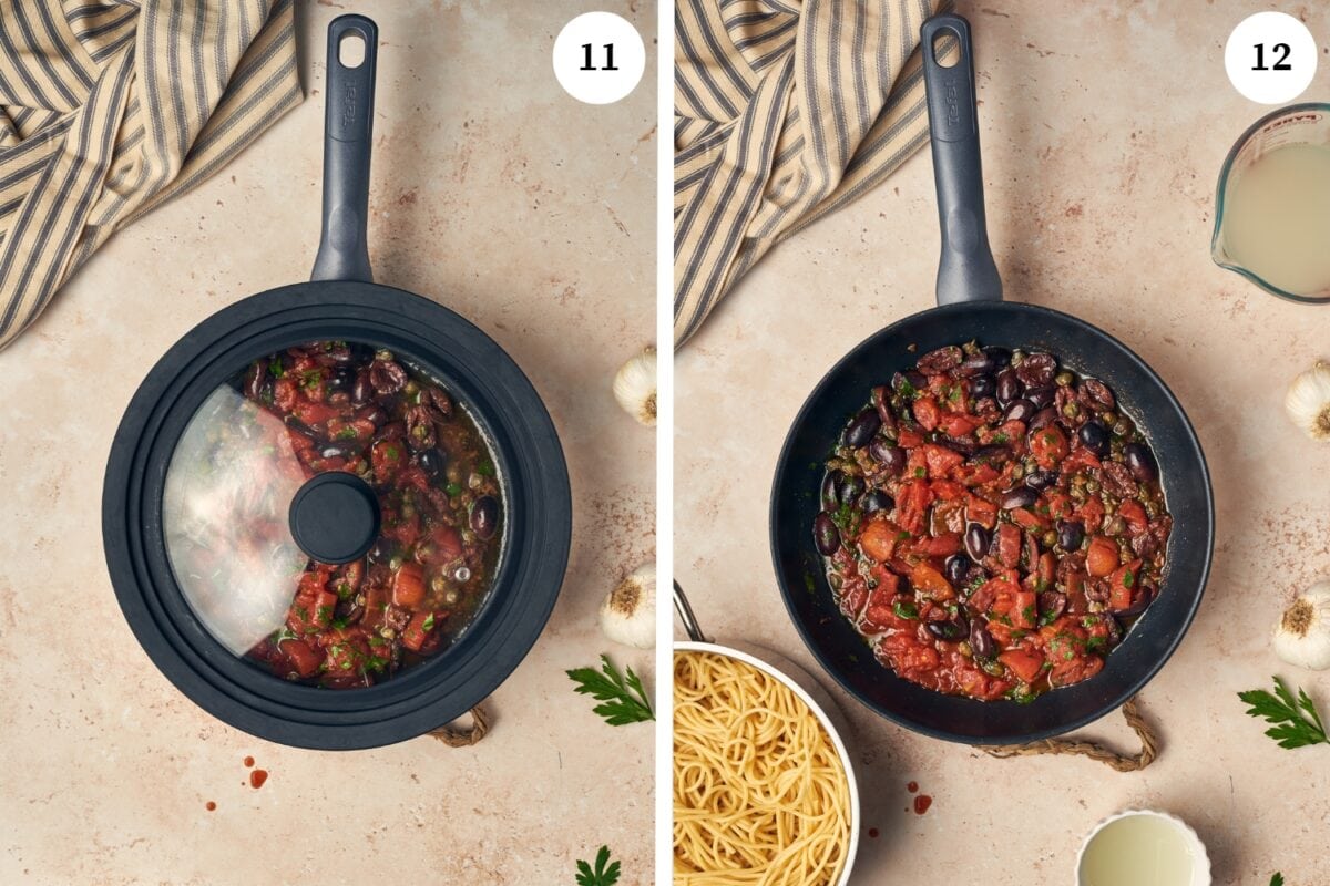 step by step process for making  puttanesca sauce: cover the pan and cook for 5 minutes