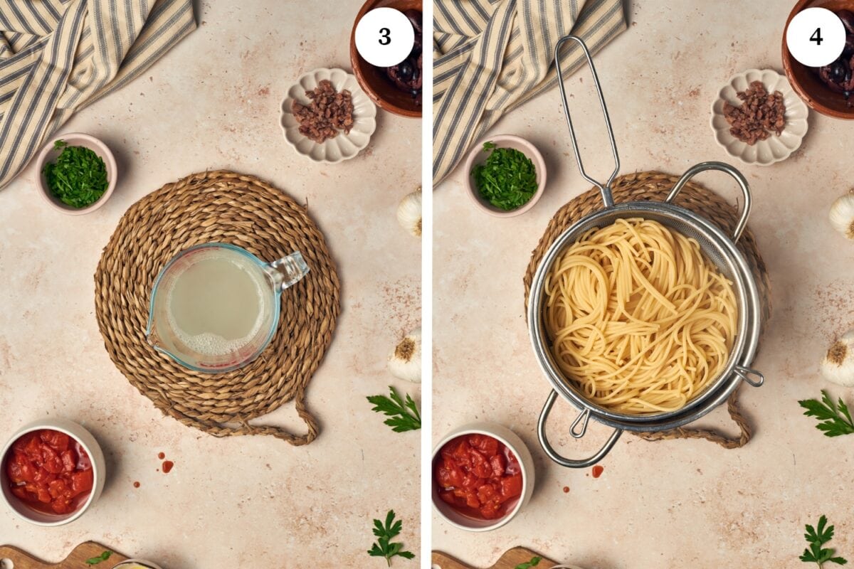 step by step process for making pasta puttanesca: reserve 1 cup of cooking pasta water and drain the spaghetti