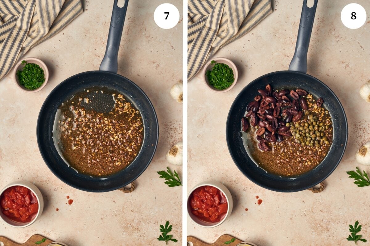step by step process for making  puttanesca sauce: once the garlic is brown add the olives and the capers