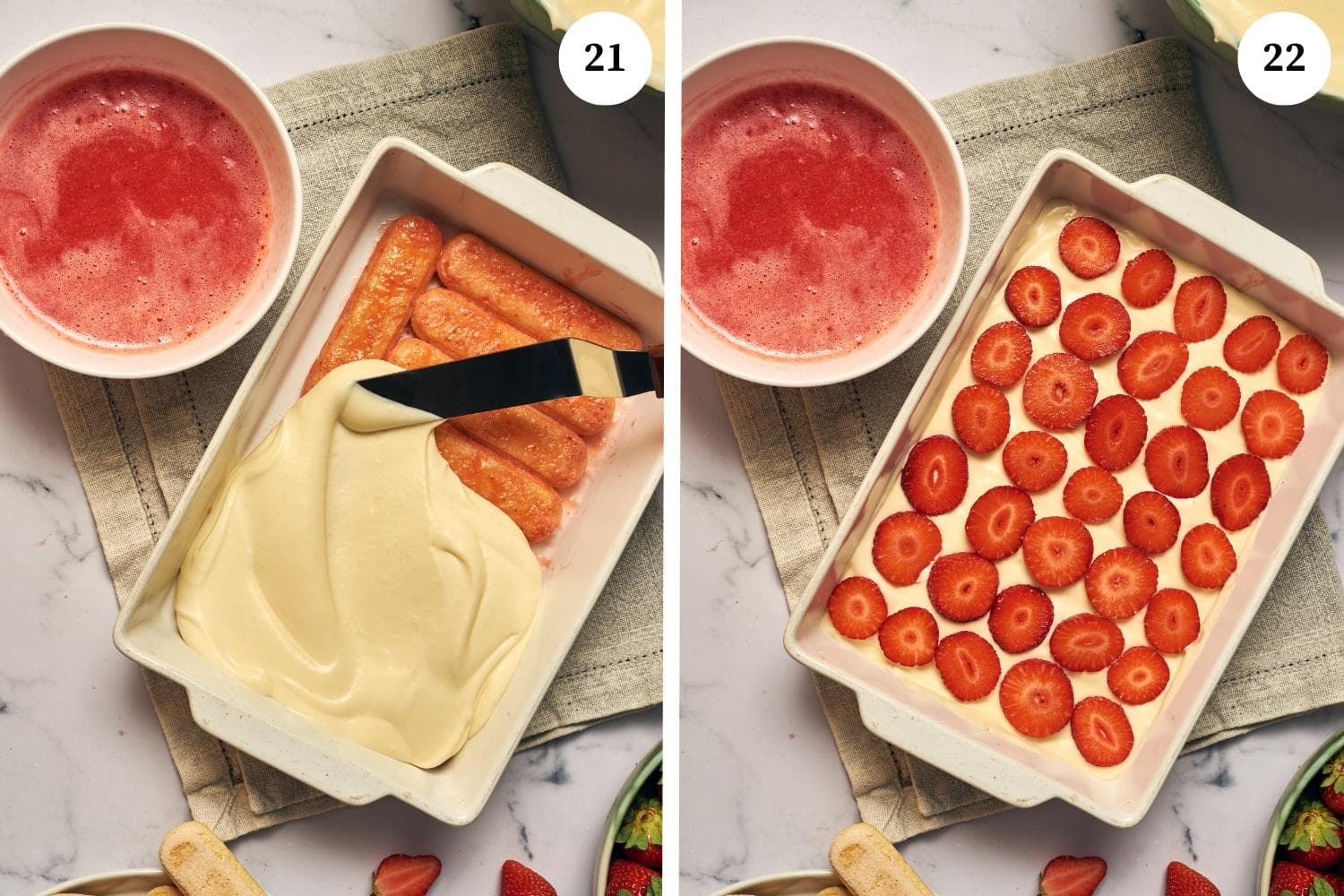 Process for assembling the strawberry tiramisu: spread the mascarpone cream mixture and spread it on top of the lady fingers. Place the cut strawberries on top