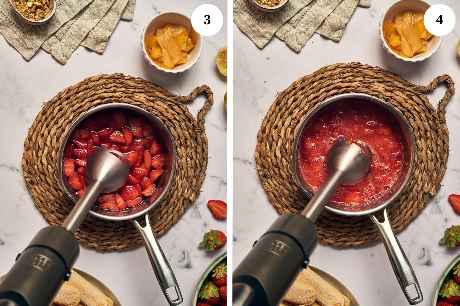 Process for making strawberry syrup for strawberry tiramisu: remove the lemon rinds and blend it with an immersion blender