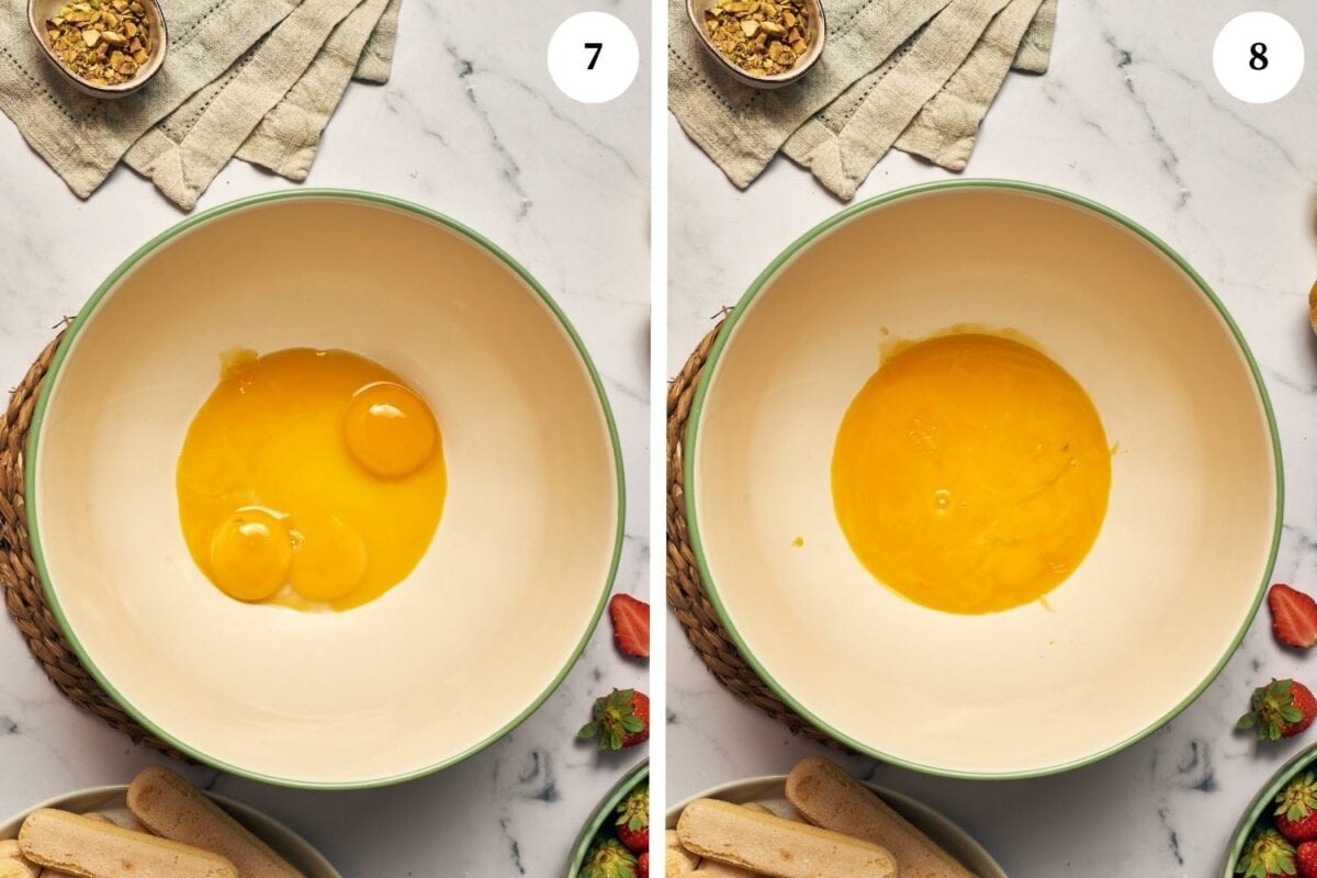 Process for making mascarpone cream: put the egg yolks in a bowl and beat gently