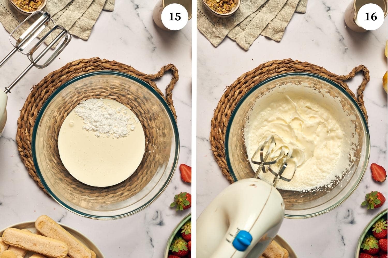 Process for making whipped cream: place the whipping cream in a bowl with the powdered sugar and whip until soft peaks form.