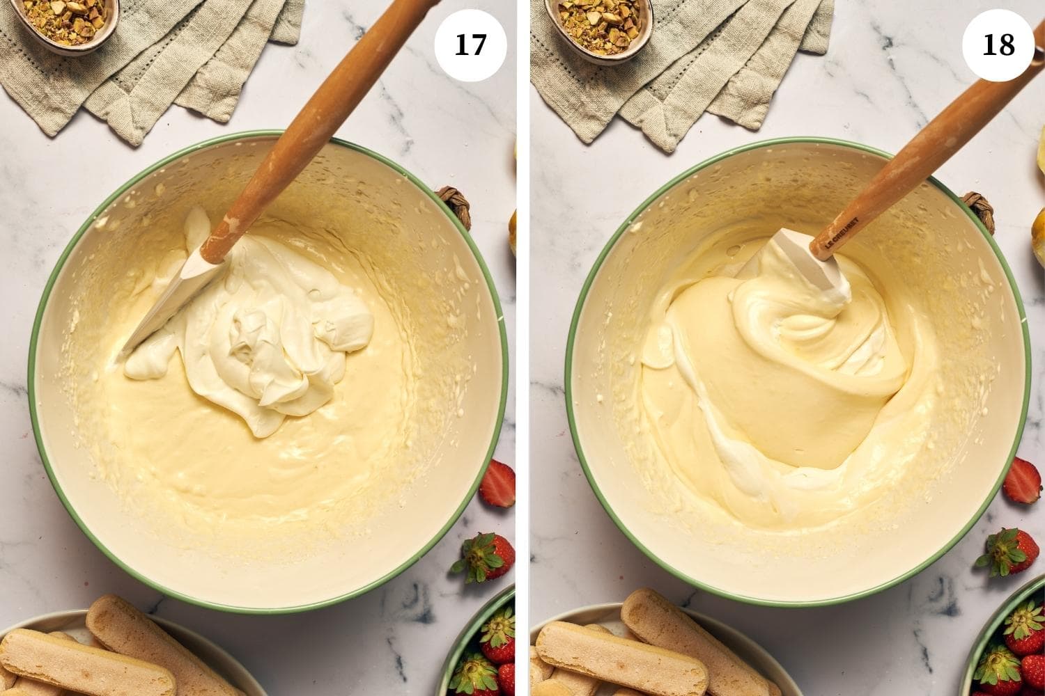 Process for making mascarpone cream for strawberry tiramisu: carefully fold the whipped cream into the mascarpone cream