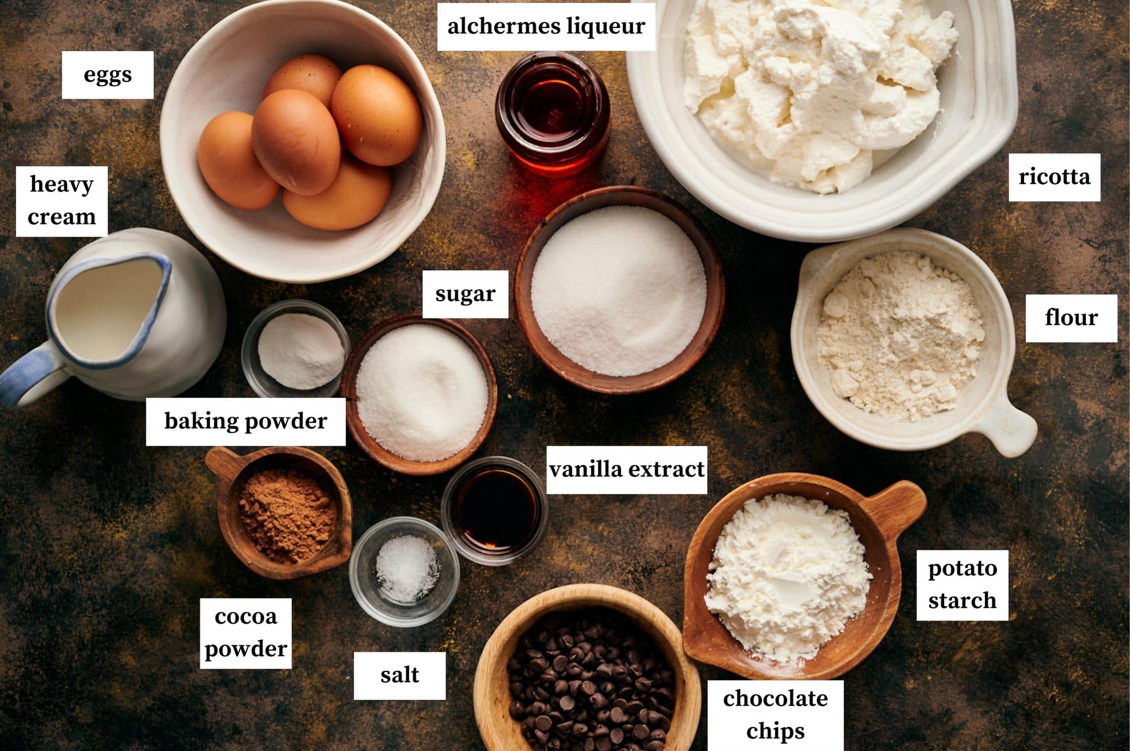 ingredients of zuccotto: bowls of eggs, sugar, baking powder, potato starch, etc.