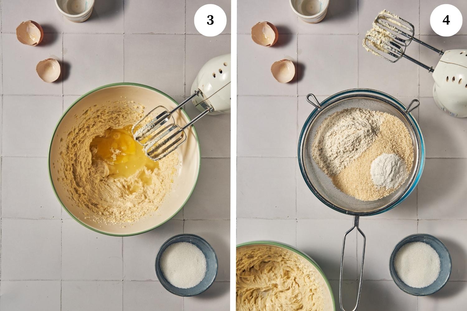 almond cookies procedure: butter mixture in a bowl with egg added. next photo is a strainer with flour being sifted.